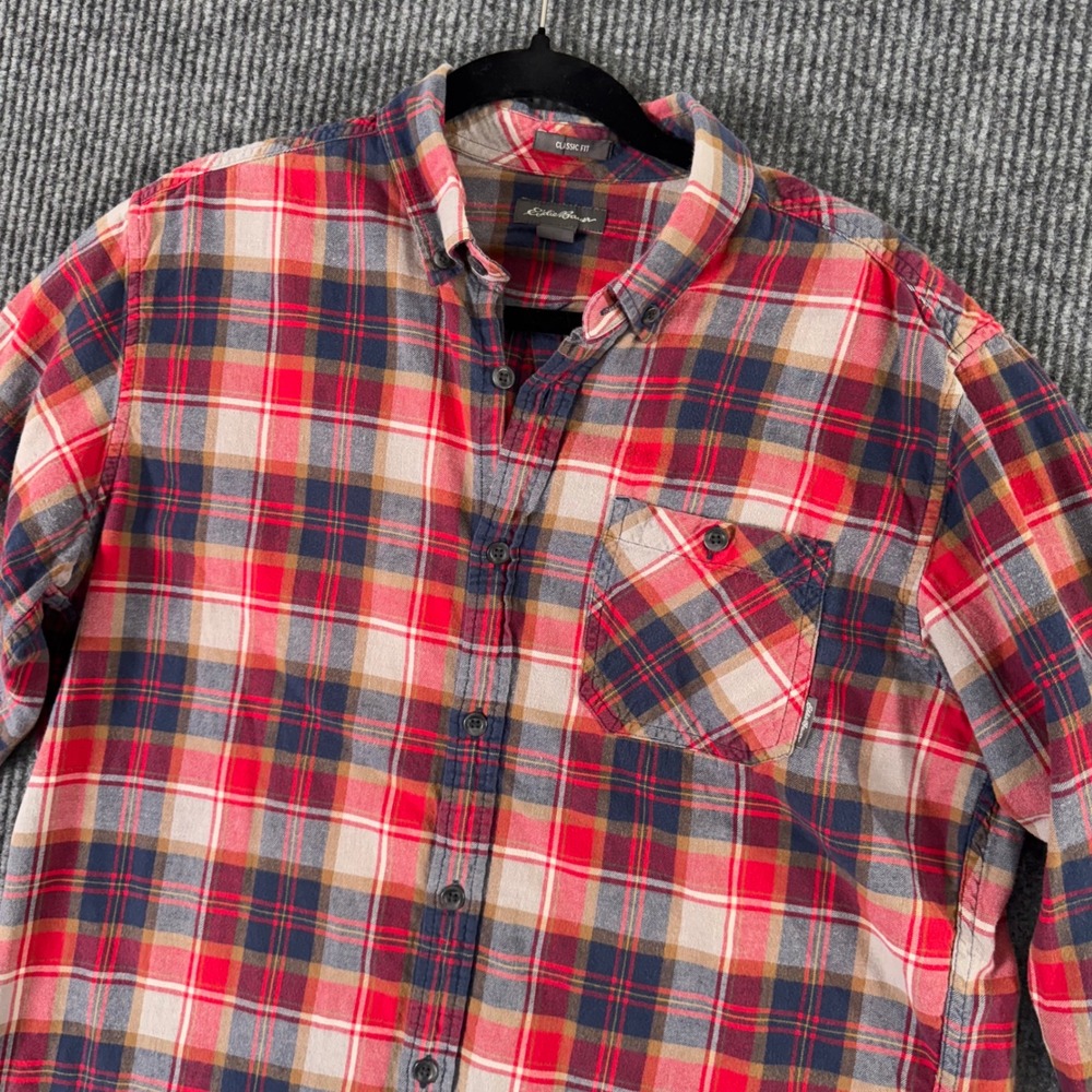 Eddie Bauer Mens L Flannel Shirt Red Blue Plaid Classic‎ Fit Grunge Cabin Core